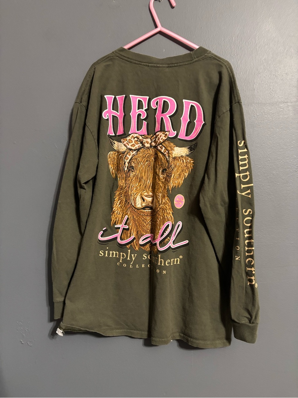 Simply southern dark green cow graphic western long sleeve logo tee girls large
